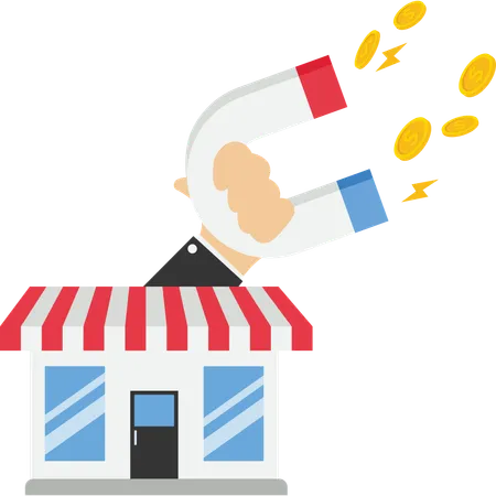 Store with magnet in hand and attracts lot of gold coins  Illustration