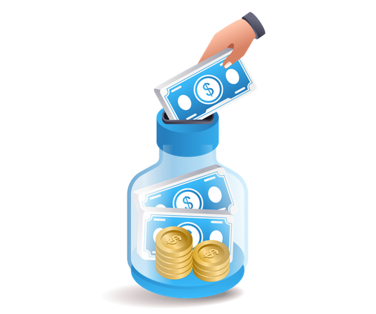 Storing banknotes in a bottle piggy bank  Illustration