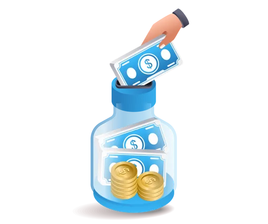 Storing banknotes in a bottle piggy bank  Illustration