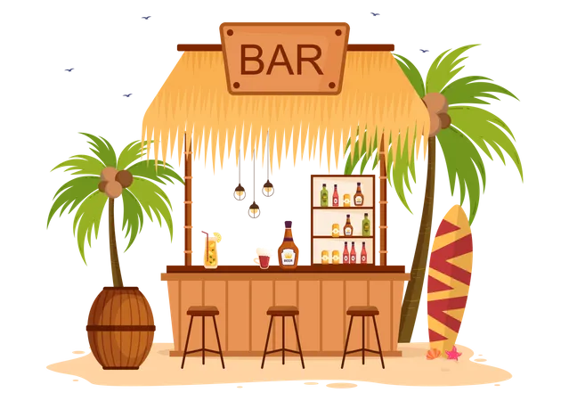 Tropische Bar Oder Kneipe Am Strand Mit Alkoholischen Getrankeflaschen Barkeeper Tisch Inneneinrichtung Und Stuhlen Am Meer In Flacher Cartoon Illustration Illustration