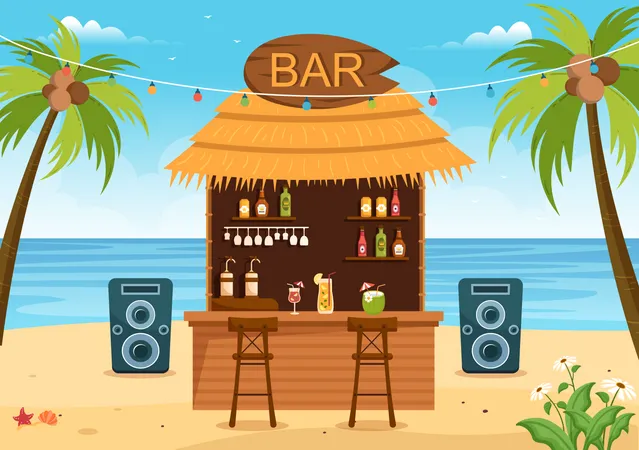 Tropische Bar Oder Kneipe Am Strand Mit Alkoholischen Getrankeflaschen Barkeeper Tisch Inneneinrichtung Und Stuhlen Am Meer In Flacher Cartoon Illustration Illustration