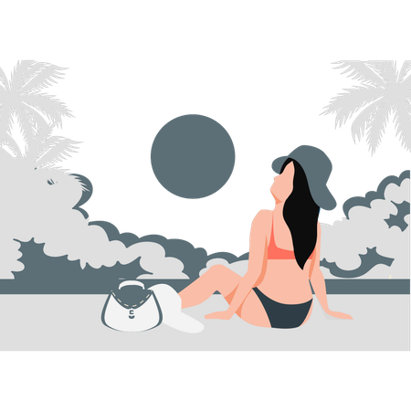 Strandmädchen sitzt am Strand in der Hitze  Illustration