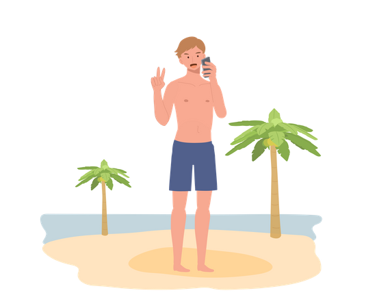 Strandmann im Badeanzug macht Selfie mit Strandhintergrund  Illustration