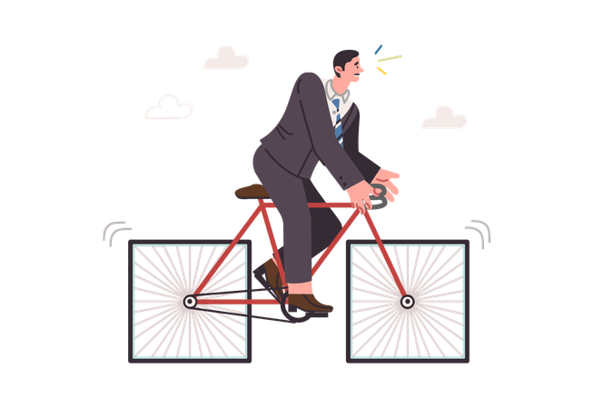 Strange business man on bicycle with square wheels standing still due to incorrectly equipment  Illustration