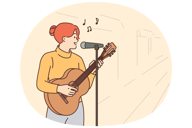 Straßenmusikerin spielt Gitarre und singt stehend auf Bürgersteig mit Mikrofon  Illustration