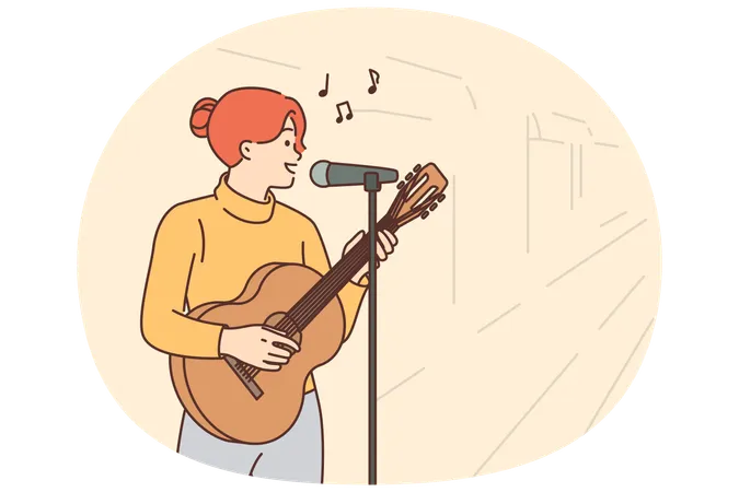 Straßenmusikerin spielt Gitarre und singt stehend auf Bürgersteig mit Mikrofon  Illustration