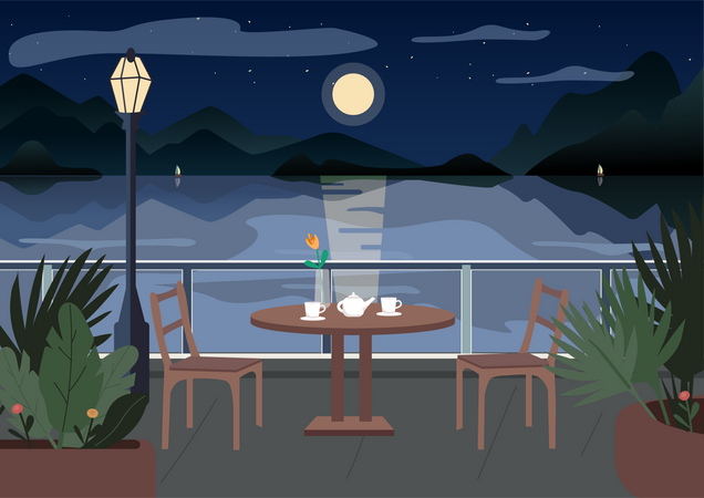 Straßenrestaurant bei Nacht  Illustration