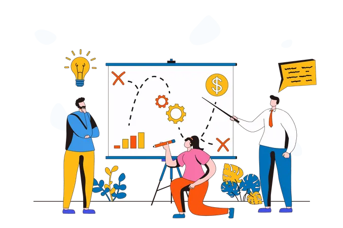 Strategic Planning Web Concept In Flat 2 D Design Men And Woman Create Plan Discuss And Generate Ideas Analyze Statistics Create Strategy For Business Vector Illustration With People Scene Illustration