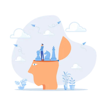 Strategic thinking to get business solution and win competition, leadership challenge to think about new idea, intelligence or wisdom for success, flat vector modern illustration  イラスト