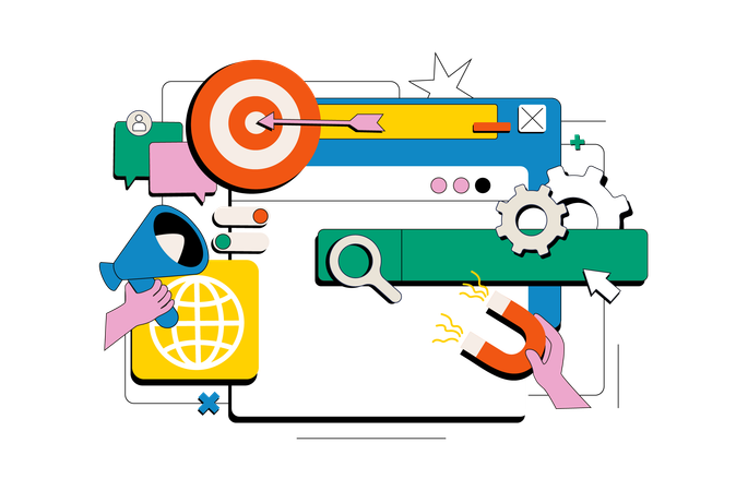 Stratégie de promotion numérique avec publications sur les réseaux sociaux et campagne publicitaire  Illustration