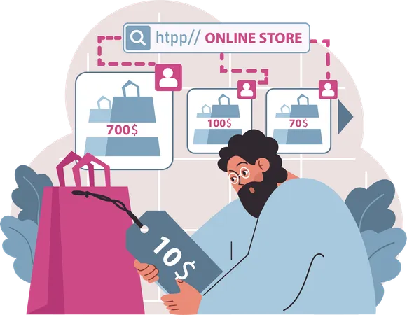 Homme élaborant des stratégies de tarification de boutique en ligne pour optimiser le positionnement sur le marché  Illustration
