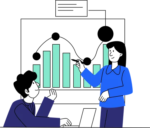 A Professional Team Engages In A Strategic Discussion With A Woman Explaining Trends And Data Points On A Large Whiteboard To A Seated Male Colleague Ideal For Presentations On Teamwork And Analytics Illustration