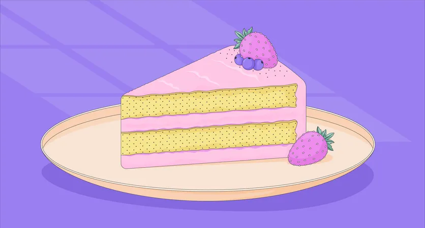 Strawberry cake piece with berries on plate  Illustration