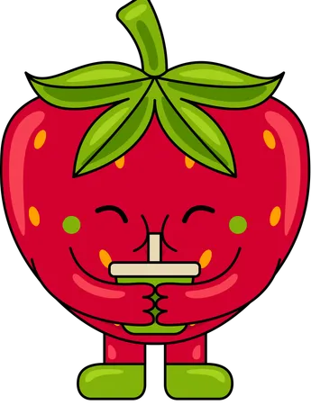 Strawberry Mascot drinking juice  Illustration