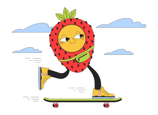 Strawberry Skateboard 2 D Linear Illustration Concept Retro Groovy Cartoon Character Isolated On White Cute Geometric Figure Skateboarder Teenage Boy Metaphor Abstract Flat Vector Outline Graphic Illustration