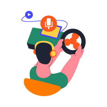 Streamer de juegos en línea escuchando podcast mientras transmite  Ilustración