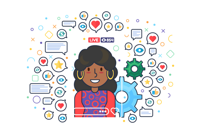 Streamer afroamericana transmitiendo en las redes sociales  Ilustración