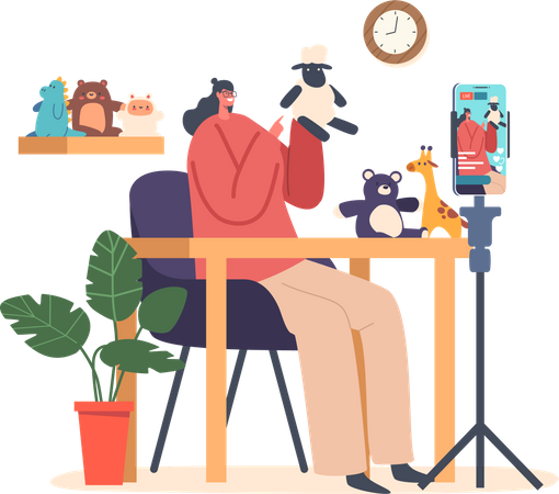 Streamer Perform Handmade Toys Sitting at Table with Smartphone on Holder  Illustration