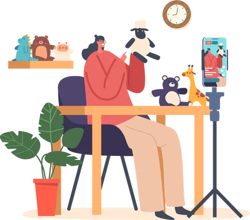 Streamer Perform Handmade Toys Sitting at Table with Smartphone on Holder  Illustration