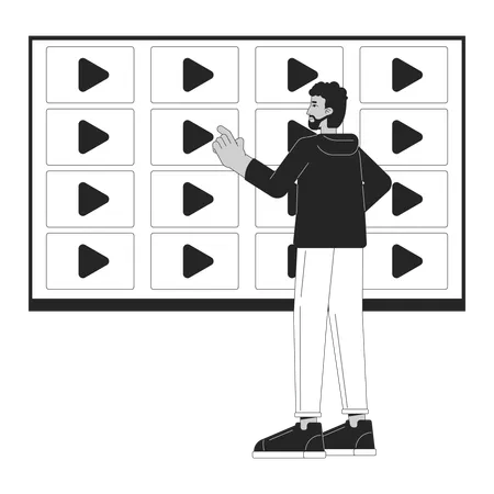 Streaming Video Service Black And White Cartoon Flat Illustration Black Man Selecting Channel On Multimedia Tv 2 D Lineart Character Isolated Video Library Monochrome Scene Vector Outline Image Illustration