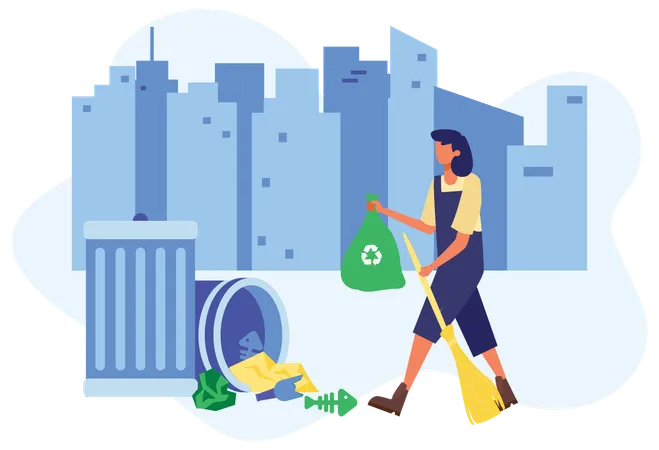 Street Cleaner Gathering Garbage  Illustration