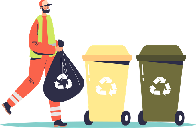 Street cleaner gathering garbage, trash collector service worker in uniform at recycle containers  Illustration