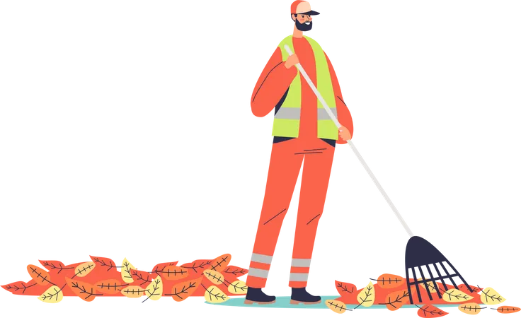 Janitor In Uniform Sweeping Yellow Leaves On Street With Broom Cartoon Street Cleaner Worker Garbage Man Working Flat Vector Illustration Illustration