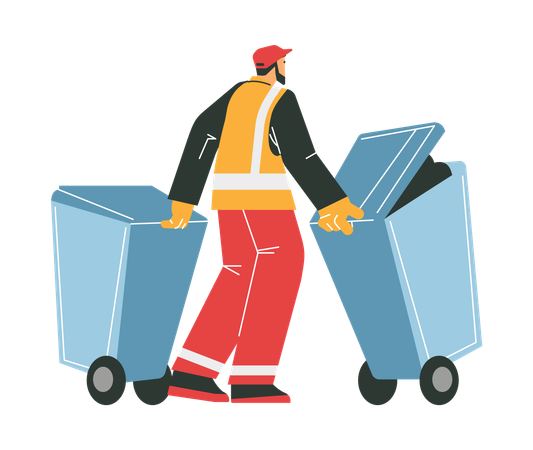 Street cleaning worker in uniform rolls garbage containers  Illustration