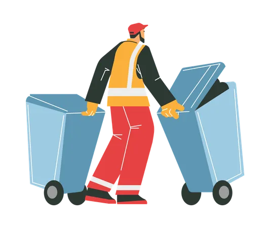 Street cleaning worker in uniform rolls garbage containers  Illustration