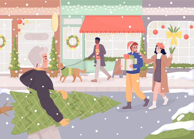 Street decorated for Christmas  Illustration