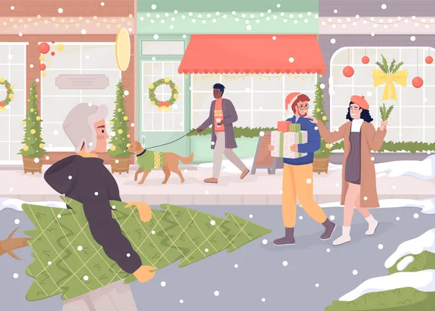 Street decorated for Christmas  Illustration