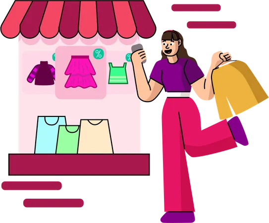 A Young Woman Enjoys Shopping At A Street Fashion Stall Checking Her Phone While Holding Shopping Bags Illustration