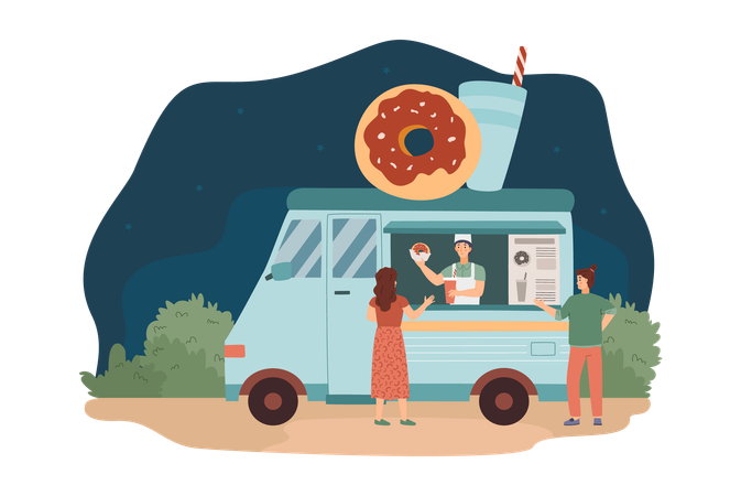 Blauer Streetfood-Truck mit Donut-Installation auf dem Dach bei Nacht  Illustration