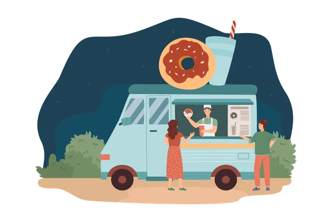 Blauer Streetfood-Truck mit Donut-Installation auf dem Dach bei Nacht  Illustration