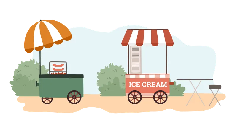 Street food festival with ice cream stall  Illustration