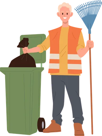 Man Street Janitor Public Service Worker Cartoon Character Collecting And Throwing Packet With Dry Foliage Into Garbage Can For Utilization Sorting Natural Trash Vector Illustration Isolated On White Illustration