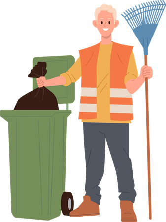 Street janitor public service worker throwing packet with dry foliage  Illustration