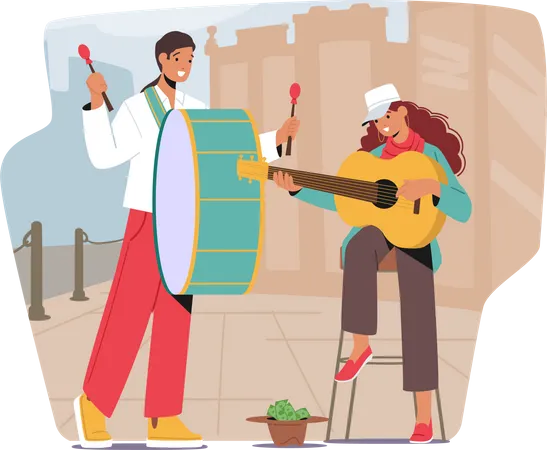 Street Musical Performance With Musicians Man And Woman Perform Outdoor Show With Drum And Guitar People Playing Music In Park Collecting Money Into Hat Cartoon Vector Illustration Illustration