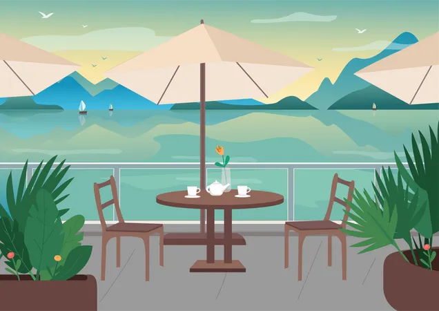 Street Restaurant At Seaside Resort Flat Color Vector Illustration Served Cafe Table On Terrace Seafront 2 D Cartoon Landscape With Sailing Boats Mountains And Ocean On Background Illustration