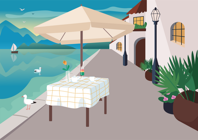 Street restaurant in seaside resort village Illustration