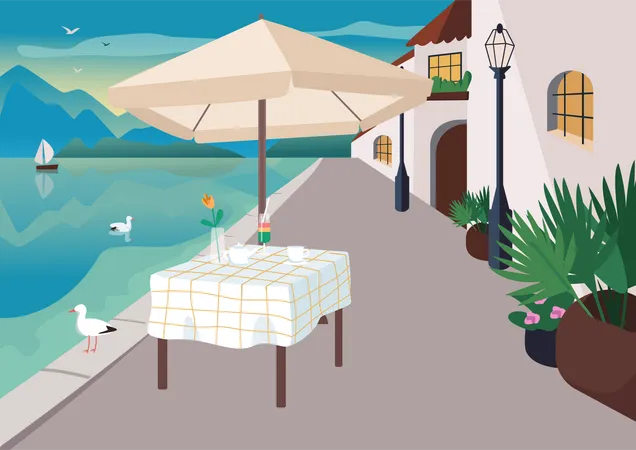 Street restaurant in seaside resort village  Illustration