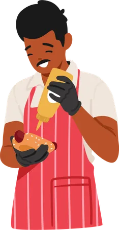 Energetic Salesman Character Expertly Crafts Hot Dogs Generously Squeezing Golden Mustard His Sizzling Creations Entice With Savory Aromas Promising A Mouthwatering Delight For Eager Customers Illustration