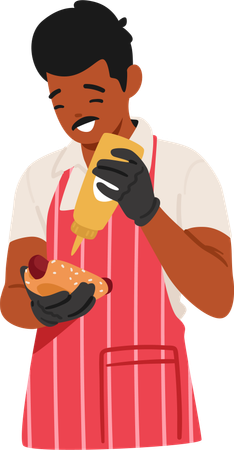 Street seller serves hot dog  Illustration