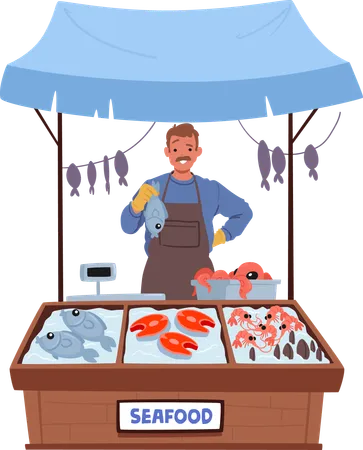 Farmer Character Stands Proudly At His Seafood Stall Showcasing A Glistening Fresh Fish In Hand Surrounded By Ice Filled Displays Of Marine Bountiful Catch Cartoon People Vector Illustration イラスト