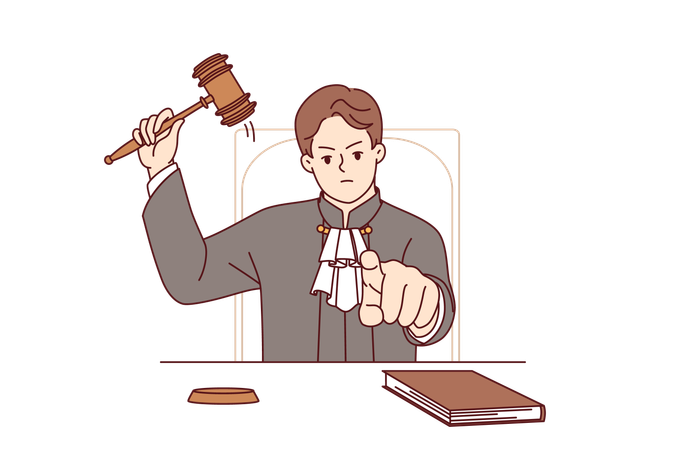 Strenger Richter verkündet Urteil und zeigt mit dem Finger auf den Bildschirm, nachdem er auf den Hammer geschlagen hat  Illustration