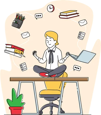 Relaxed Businesswoman Character Doing Yoga Meditation In Lotus Pose In Office Workplace Sit At Desk With Flying Stationery In Air Calm Stressful Emotion Relaxation Linear People Vector Illustration Illustration