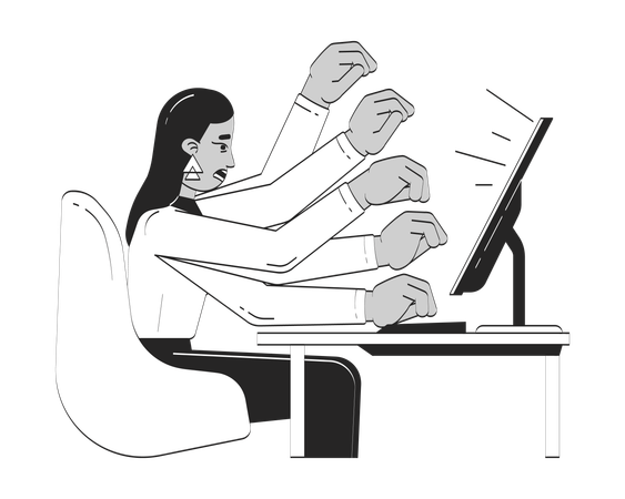 Stressed arab woman working on computer  Illustration