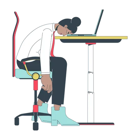 Stressed black female employee putting head down on desk  Illustration