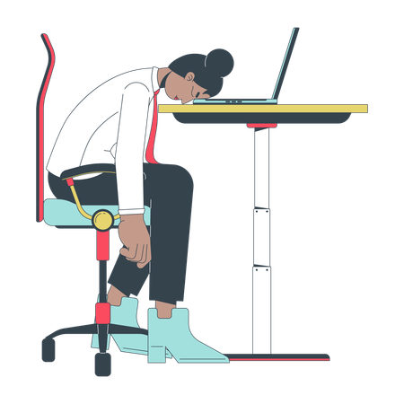 Stressed black female employee putting head down on desk  Illustration