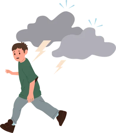 Stressed boy child afraid of thunderstorm running away from lightning bolt  Illustration